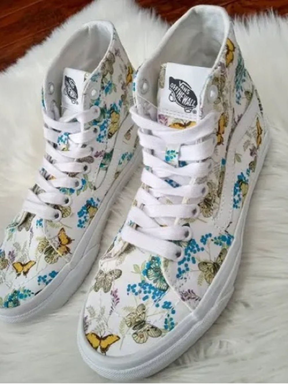 Vans White High-Top Sneakers with Yellow & Teal Butterfly Print